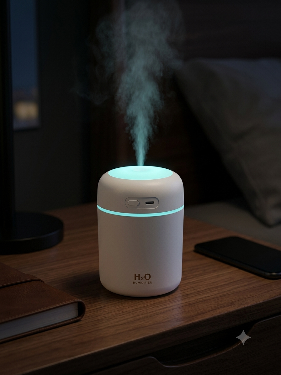 Humidificador con luz encendido en la mesa de luz